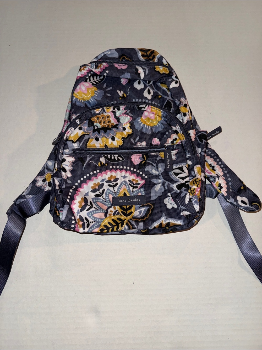 Vera Bradley Gray Floral Mini Backpack with Pink and Yellow Accents